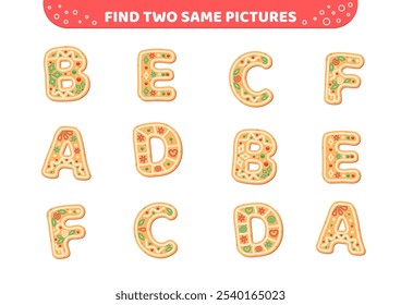 Find two same pictures. Gingerbread letters. Game for children. Isolated vector illustration eps 10