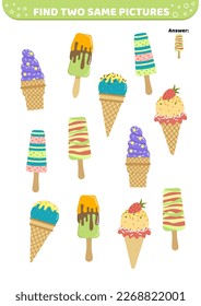 Find two same pictures. Ice cream. Educational game for kids with waffle cone, stick, popsicle, wafer cup. Spot two identical pictures. Cartoon, flat. Isolated vector illustration eps