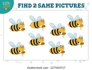 Find two same pictures kids game vector illustration. Activity for preschool children with matching objects and finding 2 identical. Cartoon bee with honey 