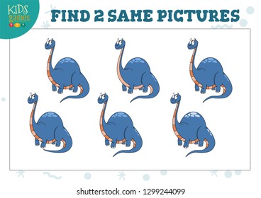 Find two same pictures kids game vector illustration. Activity for preschool children with matching objects and finding 2 identical. Cartoon dinosaur 