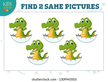 Find two same pictures kids game vector illustration. Activity for preschool children with matching objects and finding 2 identical. Cartoon funny newborn crocodile 