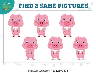 Find two same pictures kids game vector illustration. Activity for preschool children with matching objects and finding 2 identical. Cartoon funny pink pig with spoon and fork 