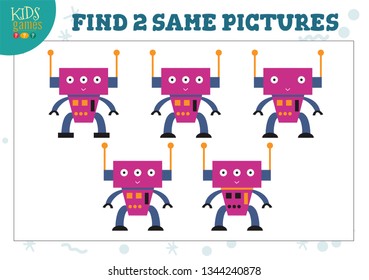 Find two same pictures kids game vector illustration. Educational activity for preschool children with matching objects and finding 2 identical. Cartoon funny humanoid robot 