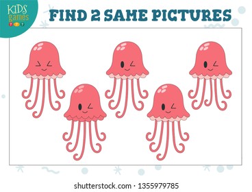 Find two same pictures kids game vector illustration. Activity for preschool children with matching objects and finding 2 identical. Cartoon jellyfish character 