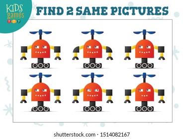 Find two same pictures kids game vector illustration. Activity for preschool children with matching objects and finding 2 identical. Cartoon propeller robot character 