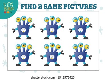 Find two same pictures kids game vector illustration. Educational activity for preschool children with matching objects and finding 2 identical. Cartoon funny three eyed robot 