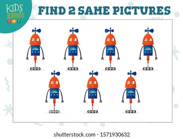 Find two same pictures kids puzzle vector illustration. Activity for preschool children with matching objects and finding 2 identical. Cartoon funny robot or alien game 
