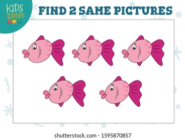 Find two same pictures kids game vector illustration. Activity for preschool children with matching objects and finding 2 identical. Cartoon fish character 