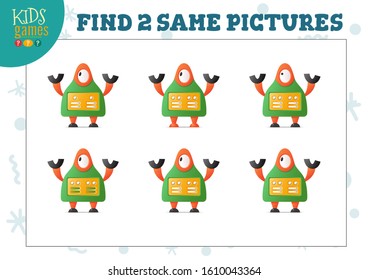 Find two same pictures kids game vector illustration. Activity for preschool children with matching objects and finding 2 identical cute robots 