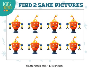 Encuentra dos mismas imágenes que los niños puzzle la ilustración vectorial. Actividad para niños preescolares con objetos coincidentes y encontrando 2 idénticos. Robot gracioso de dibujos animados o juego alienígena