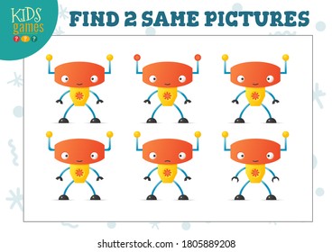 Find two same pictures kids game vector illustration. Activity for preschool children with matching objects and finding 2 identical cute robots