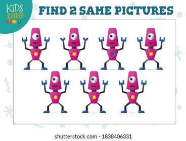 Find two same pictures kids game vector illustration. Activity for preschool children with matching objects and finding 2 identical cartoon robots