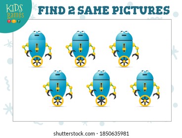 Find two same pictures kids game vector illustration. Activity for preschool children with matching objects and finding 2 identical. Cartoon robot character