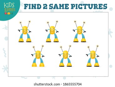 Find two same pictures kids game vector illustration. Activity for preschool children with matching objects and finding 2 identical. Cartoon funny robot