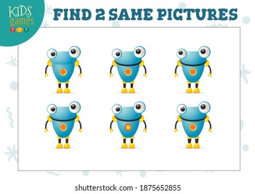 Find two same pictures kids puzzle vector illustration. Activity for preschool children with matching objects and finding 2 identical. Cartoon funny robot game