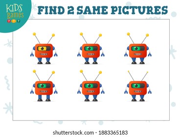 Find two same pictures kids game vector illustration. Educational activity for preschool children with matching objects and finding 2 identical. Cartoon funny humanoid robot