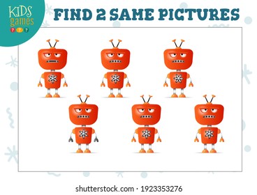 Find two same pictures kids game vector illustration. Educational activity for preschool children with matching objects and finding 2 identical. Cartoon funny alien or robot