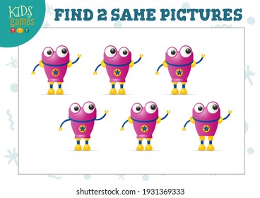 Find two same pictures kids puzzle vector illustration. Activity for preschool children with matching objects and finding 2 identical. Cartoon funny robot game