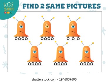 Find two same pictures kids game vector illustration. Activity for preschool children with matching objects and finding 2 identical. Cartoon cute robot