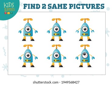 Find two same pictures kids game vector illustration. Activity for preschool children with matching objects and finding 2 identical. Cartoon robot character