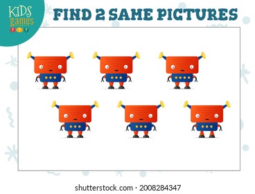 Encuentra dos mismas imágenes que los niños puzzle la ilustración vectorial. Actividad para niños preescolares con objetos coincidentes y encontrando 2 idénticos. Juego de robots graciosos de dibujos animados