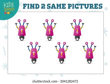 Find two same pictures kids game vector illustration. Educational activity for preschool children with matching objects and finding 2 identical. Cartoon funny alien or robot