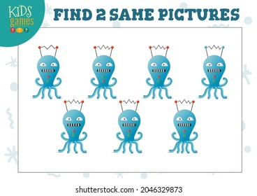 Find two same pictures kids puzzle vector illustration. Activity for preschool children with matching objects and finding 2 identical. Cartoon funny robot game