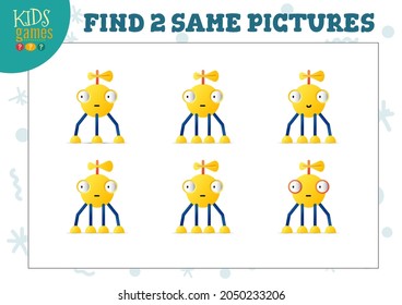 Encuentra dos imágenes iguales de niños de juego ilustraciones vectoriales. Actividad para niños preescolares con objetos coincidentes y encontrando 2 idénticos. Robot lindo