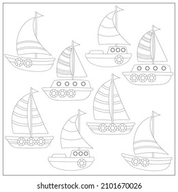 Find two same pictures, kids game vector illustration. Activity for preschool children with matching objects and finding 2 identical. Cartoon ships with sails. Coloring book pages for kids.