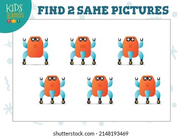 Find two same pictures kids game vector illustration. Activity for preschool children with matching objects and finding 2 identical. Cartoon robot character