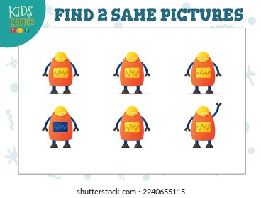 Find two same pictures kids game vector illustration. Educational activity for preschool children with matching objects and finding 2 identical. Cartoon funny humanoid robot