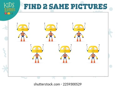 Find two same pictures kids game vector illustration. Educational activity for preschool children with matching objects and finding 2 identical. Cartoon funny alien or robot