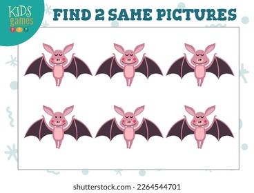 Find two same pictures kids game vector illustration. Activity for preschool children with matching objects and finding 2 identical. Cartoon bat character