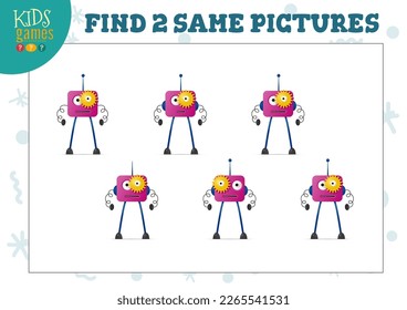 Find two same pictures kids game vector illustration. Activity for preschool children with matching objects and finding 2 identical. Cartoon cute robot