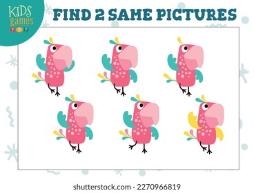 Find two same pictures kids game vector illustration. Activity for preschool children with matching objects and finding 2 identical. Cartoon cute parrot