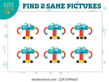 Find two same pictures kids puzzle vector illustration. Activity for preschool children with matching objects and finding 2 identical. Cartoon funny robot game