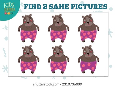 Find two same pictures kids game vector illustration. Educational activity for preschool children with matching objects and finding 2 identical. Cartoon funny bear