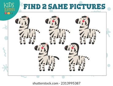 Find two same pictures kids game vector illustration. Activity for preschool children with matching objects and finding 2 identical. Cartoon zebra character