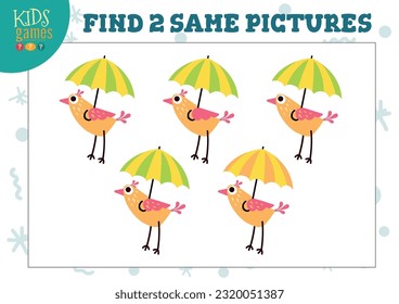 Find two same pictures kids puzzle vector illustration. Activity for preschool children with matching objects and finding 2 identical. Cartoon funny bird game