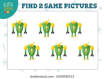 Find two same pictures kids puzzle vector illustration. Activity for preschool children with matching objects and finding 2 identical. Cartoon funny robot game