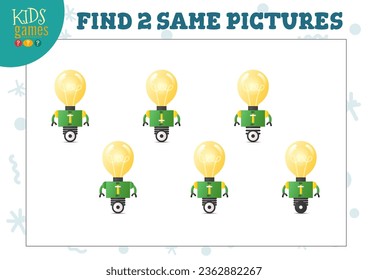 Find two same pictures kids game vector illustration. Activity for preschool children with matching objects and finding 2 identical. Cartoon cute robot character