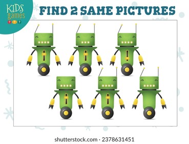 Find two same pictures kids game vector illustration. Activity for preschool children with matching objects and finding 2 identical. Cartoon funny robot