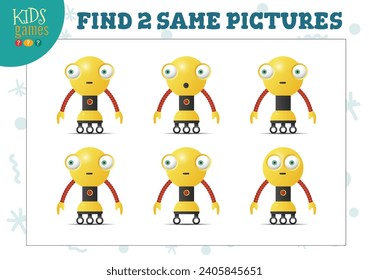 Find two same pictures kids puzzle vector illustration. Activity for preschool children with matching objects and finding 2 identical. Cartoon funny robot game