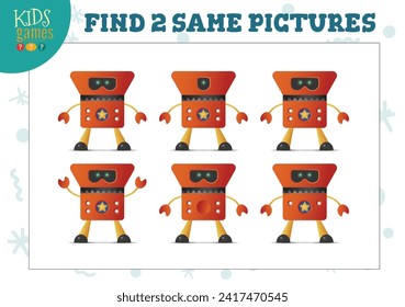 Encuentra dos mismas imágenes que los niños puzzle la ilustración vectorial. Actividad para niños preescolares con objetos coincidentes y encontrando 2 idénticos. Juego de robots graciosos de dibujos animados