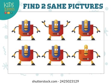 Find two same pictures kids game vector illustration. Activity for preschool children with matching objects and finding 2 identical. Cartoon cute robot