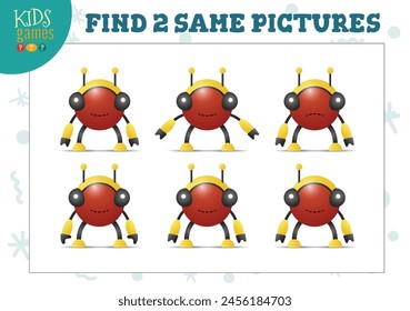 Find two same pictures kids puzzle vector illustration. Activity for preschool children with matching objects and finding 2 identical. Cartoon funny robot game