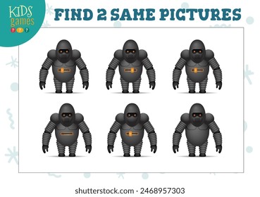 Find two same pictures kids game vector illustration. Activity for preschool children with matching objects and finding 2 identical. Cartoon robot character