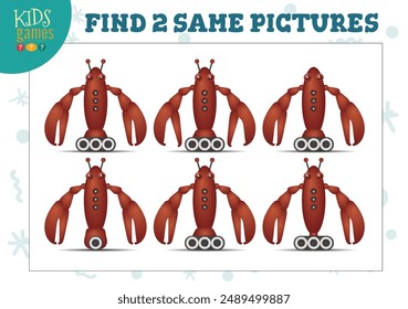 Find two same pictures kids puzzle vector illustration. Activity for preschool children with matching objects and finding 2 identical. Cartoon funny robot game