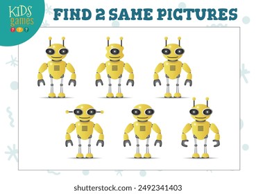 Find two same pictures kids game vector illustration. Activity for preschool children with matching objects and finding 2 identical. Cartoon cute robot character