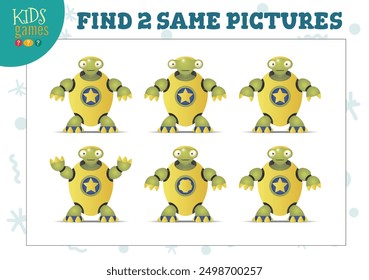 Find two same pictures kids game vector illustration. Educational activity for preschool children with matching objects and finding 2 identical. Cartoon funny alien or robot